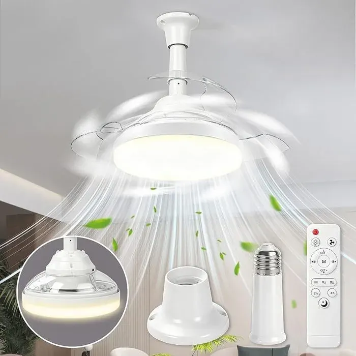 Ventilateur Plafond avec Lumiere 43CM Lustre Ventilateur de Plafond Pliable avec Douille E27 et Telecommande Petit Blanc