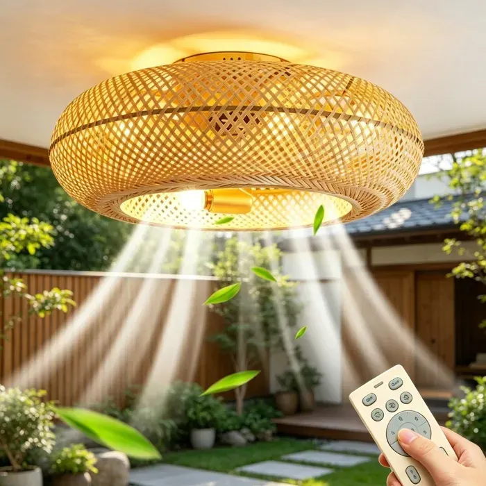 Ventilateur plafond avec Lumiere - 50 cm - 6 vitesses minuterie 1h/2h/4h télécommande - Rotin Naturel - pour chambre salon cuisine