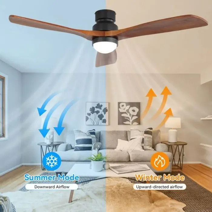 Ventilateur plafond avec lumière 52 pouces LED 3 pales bois massif moteur DC silencieux 6 vitesses et fonction mémoire des réglag