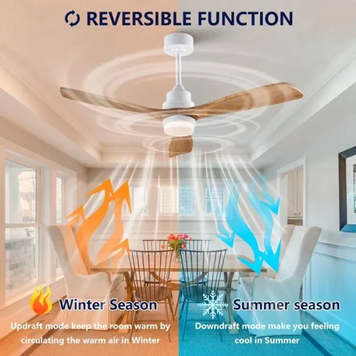 Ventilateur plafond avec lumière 52 Pouces télécommande 6 vitesses moteur DC réversible blanc naturel