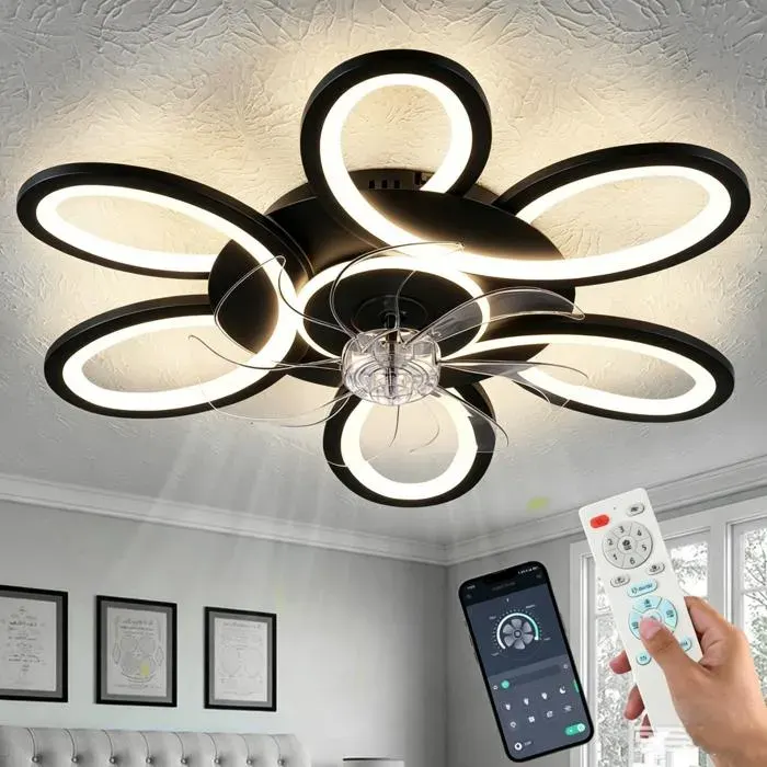 Ventilateur Plafond avec Lumiere 6 Vitesse Fan Silencieux avec Dimmable Eclairage 3 Couleurs -télécommande 25 pouces Noir