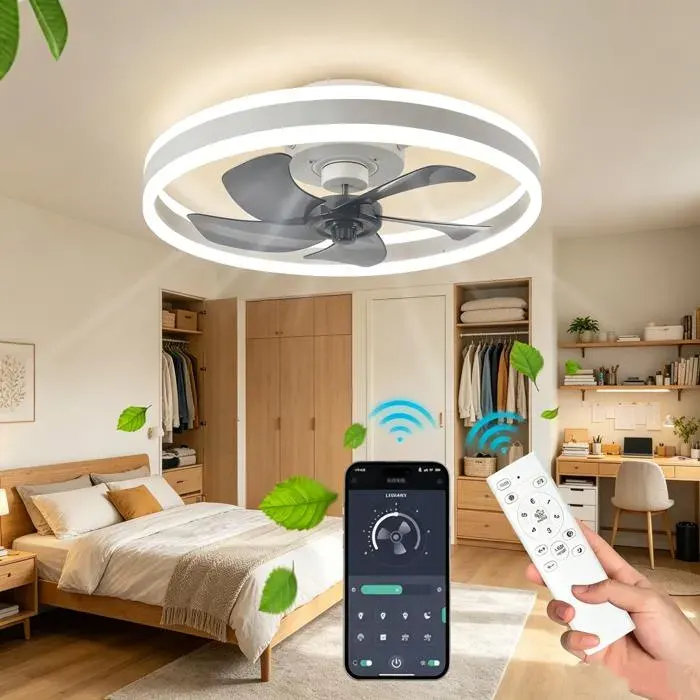 Ventilateur Plafond avec Lumiere - 6 vitesses - Fan Silencieux - App/Télécommande - Minuterie - 5 pales feuilles -50cm -55W -Blanc