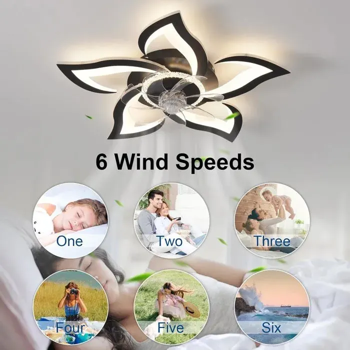 Ventilateur plafond avec lumière 69 cm noir – Plafonnier ventilateur silencieux chambre 6 vitesses 3 couleurs APP & télécommande