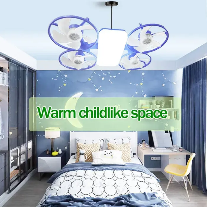 Ventilateur Plafond avec Lumiere Design Drone Bleu 50W 3 Vitesses 112 LED Minuterie 2/4H 16 Langues Pour Maison Bureau