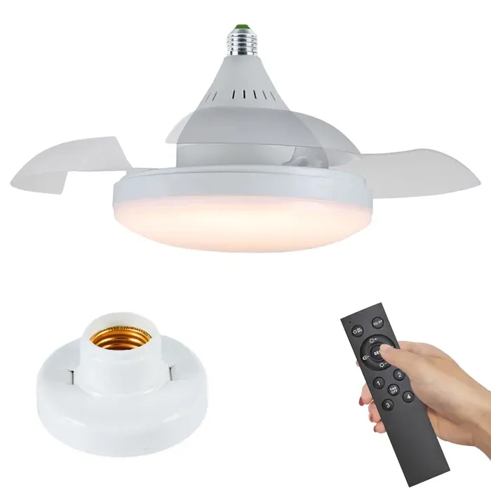 Ventilateur plafond avec lumière E27 silencieux 30W 3 pales invisibles télécommande 4 vitesses LED 2400lm pour chambre et salon