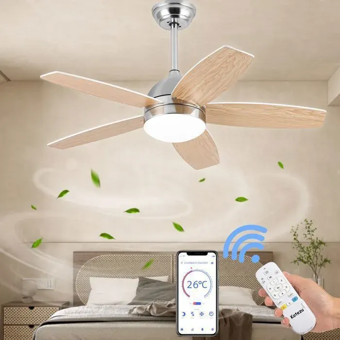 Ventilateur Plafond avec Lumiere et Télécommande 107 cm avec 5 pales LED 6 Vitesses 54W Réversibles Moteur DC Grain de bois