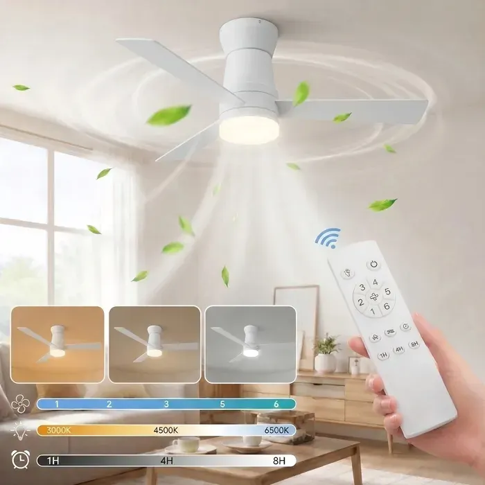 Ventilateur Plafond avec Lumiere et Télécommande-52(132 cm)-3 Pales -Dimmable Silencieux6 Vitesses Minuterie SilencieuxBlanc