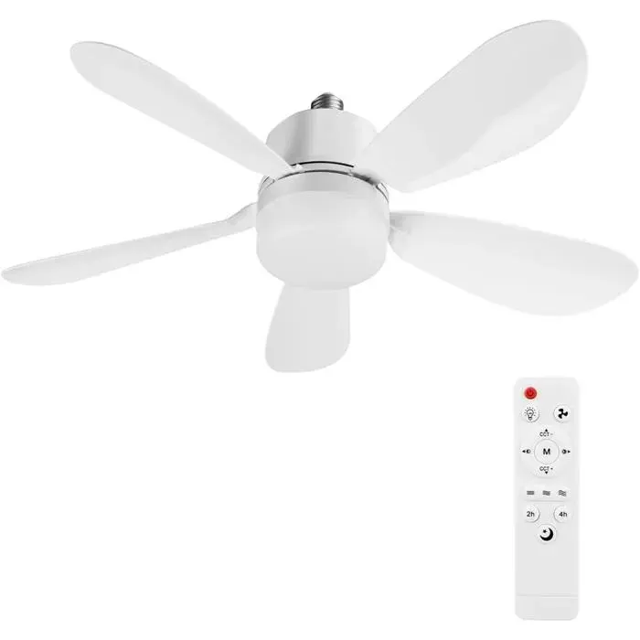 Ventilateur Plafond avec Lumière et TelecommandeE27/E26 Lampe de Ventilateur LED Dimmable Plafonnier Timing5 Pales(Blanc 40W 52cm)