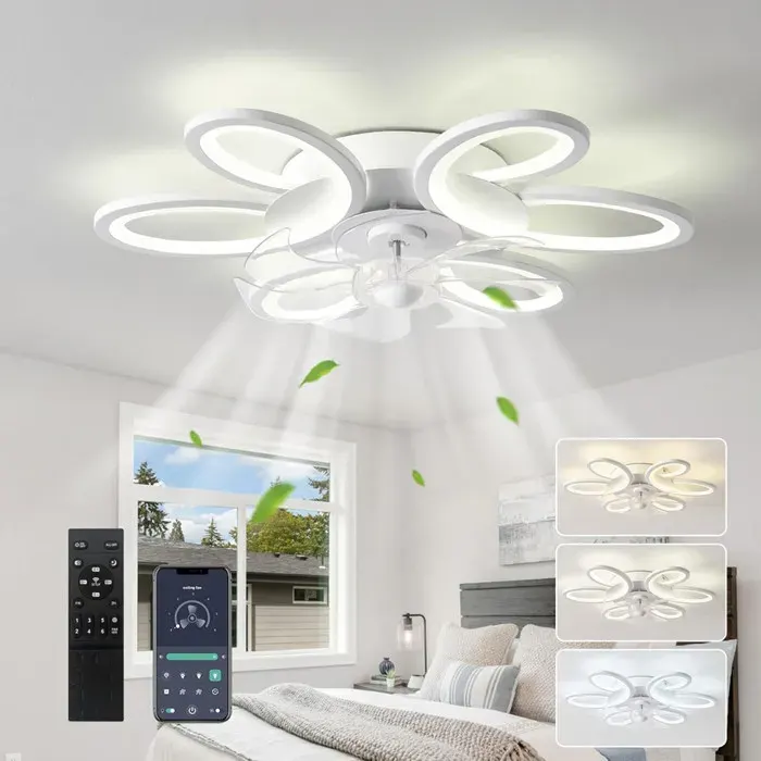 Ventilateur Plafond avec Lumiere Fleurs et Télécommande - LED Dimmable - 6 Vitesse Fan Silencieux Lustre - réversible - pour