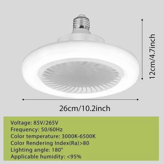 Ventilateur plafond avec Lumière Lampe E27 Ventilateurs De Plafond Fermés Silencieux 30W Ventilateur Mural Portable pour 10-15㎡