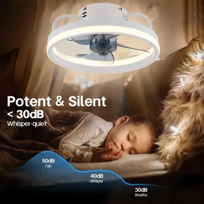 Ventilateur plafond avec lumière LED 50cm – Plafonnier ventilateur silencieux puissant pour salon/chambre 6 vitesses télécommande