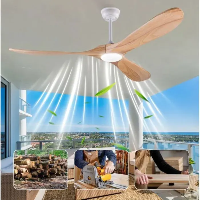 Ventilateur plafond avec lumière LED 60 pouces 3 pales en bois télécommande dimmable réversible blanc naturel