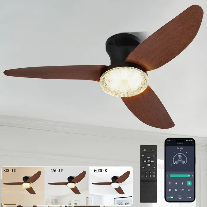 Ventilateur Plafond avec Lumière LED à Intensité Variable 100 cm Télécommande/ APP / 60W Moteur DC Abat-jour Cristal