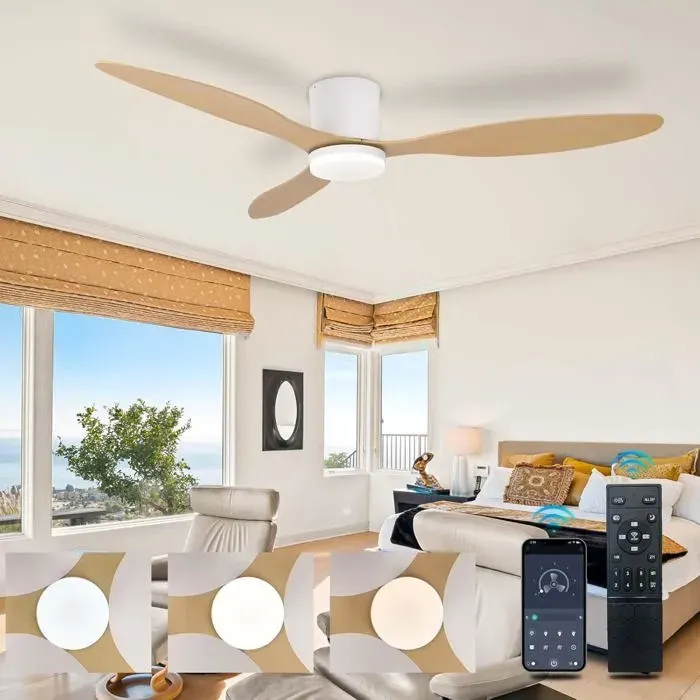 Ventilateur Plafond avec Lumière LED Dimmable et Télécommande Silencieux 6 Vitesses - Lustre Plafonnier pour Chambre à Coucher