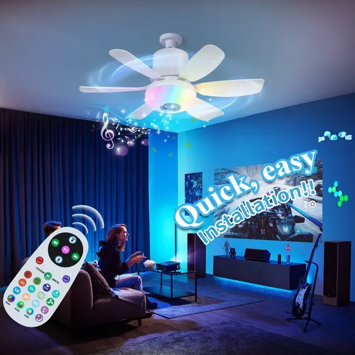 Ventilateur plafond avec lumiere LED E27 avec lumière RGB et télécommande lampe ventilateur de plafond 2 en 1 Blanc