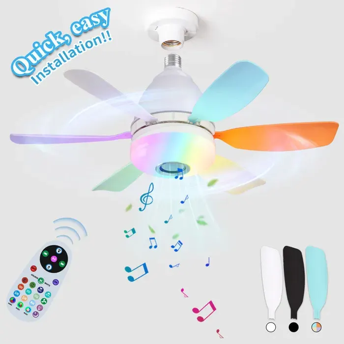 Ventilateur plafond avec lumiere LED E27 avec lumière RGB et télécommande lampe ventilateur de plafond 2 en 1Multicolore