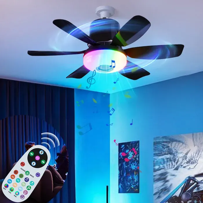 Ventilateur plafond avec lumiere LED E27 avec lumière RGB et télécommande lampe ventilateur de plafond 2 en 1Noire