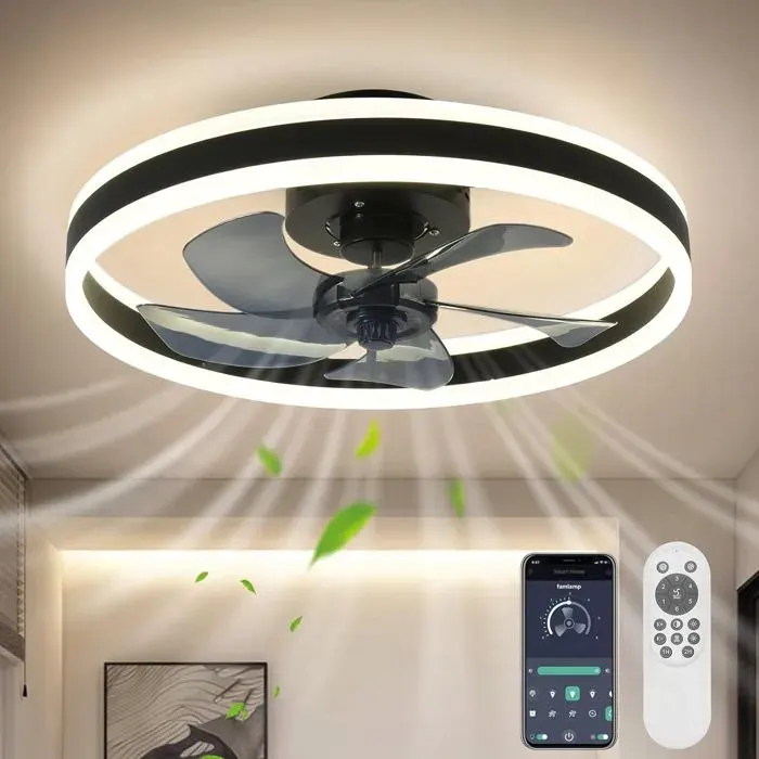 Ventilateur plafond avec lumière LED silencieux noir 40cm – Télécommande & APP 6 vitesses 3 couleurs minuterie idéal chambre