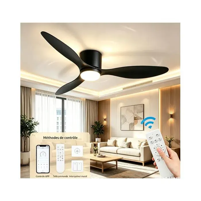 Ventilateur plafond avec lumière LED – Silent DC 6 vitesses télécommande & minuterie Silencieux 3 pales feuilles — coloris Noir