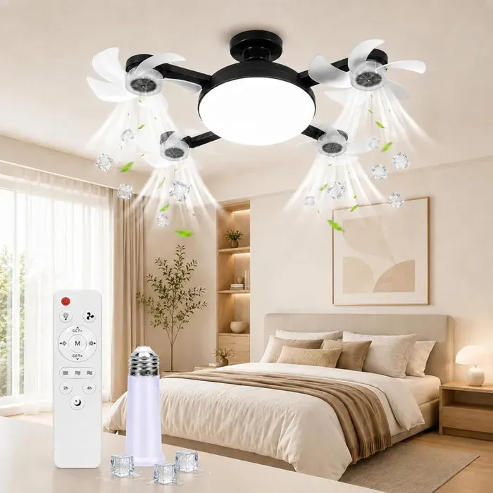 Ventilateur Plafond avec Lumiere LEDDouille Ventilateur avec Télécommande4 Têtes3 Vitesses3 Couleurs de Lumière RéglablesNoir