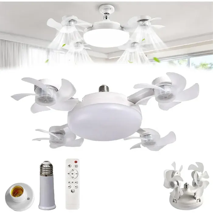 Ventilateur Plafond avec Lumiere LEDDouille Ventilateur avec Télécommande4 Têtes3 Vitesses3 Couleurs de Lumière Réglables Blanc