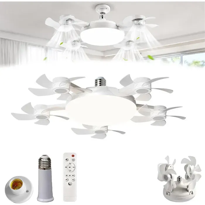 Ventilateur Plafond avec Lumiere LEDDouille Ventilateur avec Télécommande5 Têtes3 Vitesses3 Couleurs de Lumière Réglables Blanc
