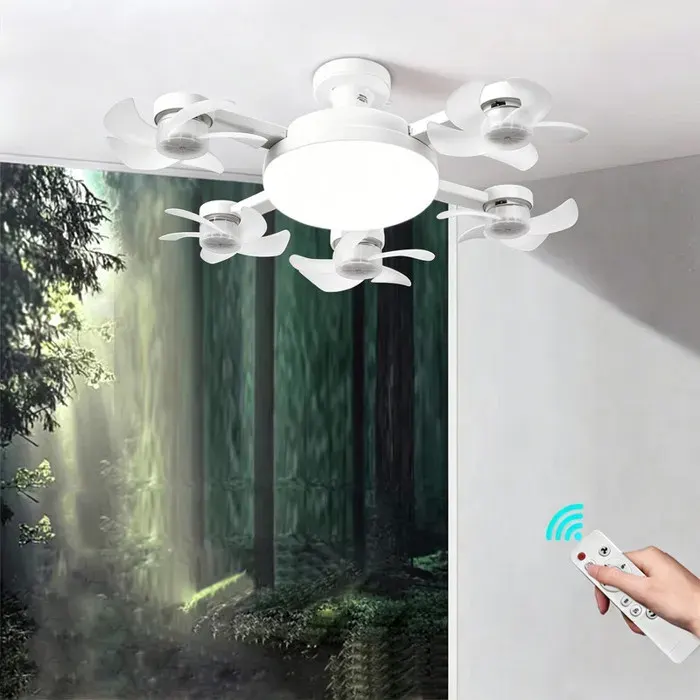 Ventilateur Plafond avec Lumiere Pliable52cm 5 Fan têtes Lampe Ventilateur Plafonnier Silencieux avec Telecommande3 Vitesses