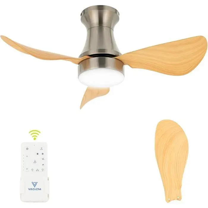 Ventilateur Plafond avec Lumiere pour Chambre:76CM Ventilateur Plafond Silencieux - 6 Vitesses 3 Pales Bois VENTILATEUR DE PLAFOND