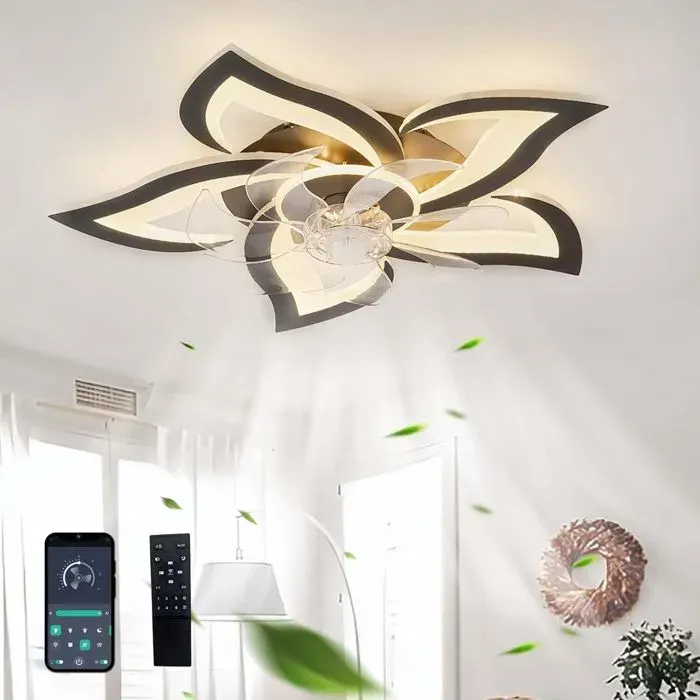 Ventilateur Plafond Avec Lumiere Silencieux Dimmable LED Lustre Ventilateur DC Réversible 6 Vitesses Plafonnier Ventilateur