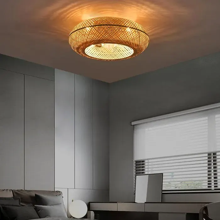 Ventilateur plafond avec lumiere silencieux suspension style bambou télécommande LED dimmable 6 vitesses minuterie 1-4H