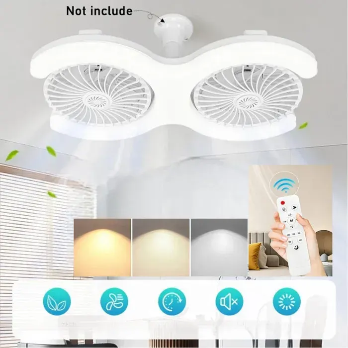 Ventilateur plafond avec lumiere60W E27 Ampoule Ventilateur Plafond 3 Vitesses3000K-6500K ventilateur plafond silencieuxBlanc