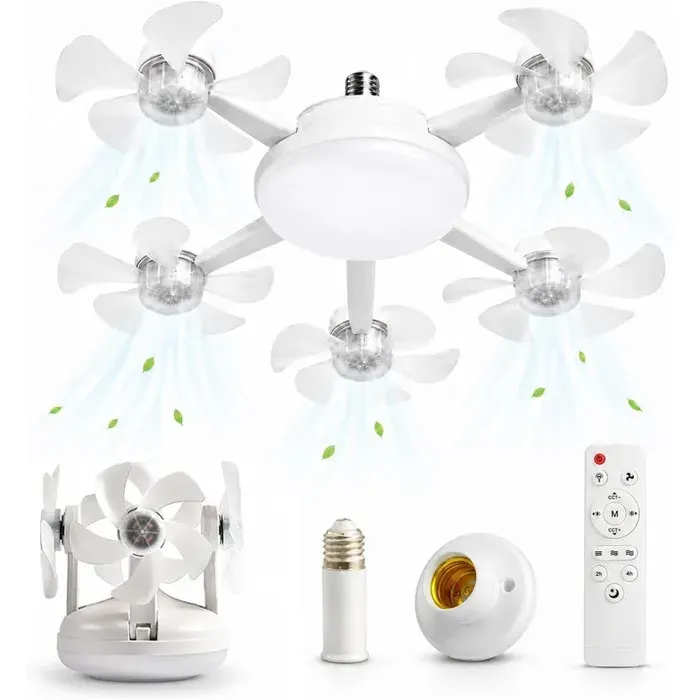 Ventilateur Plafond avec LumiereAmpoule LED E27 avec Ventilateur Lampe Plafond Silencieuse Dimmable avec Télécommande5 Fan têtes