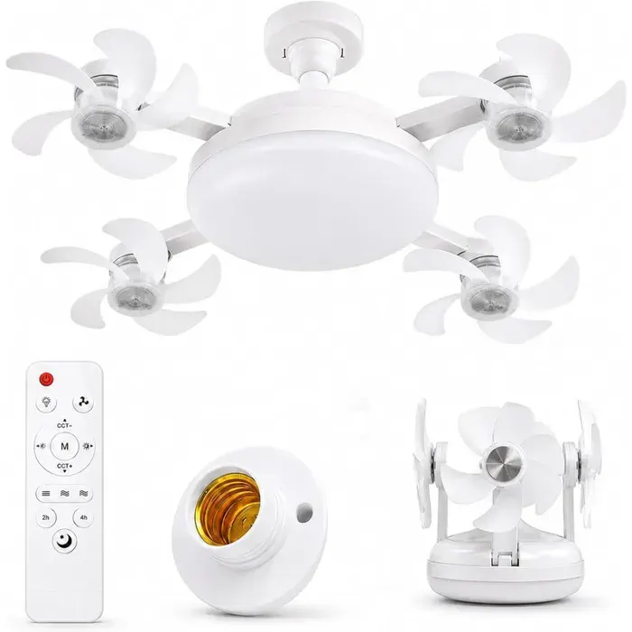 Ventilateur Plafond avec LumiereAmpoule LED E27 avec Ventilateur Lampe Plafond Silencieuse Dimmable avec Télécommande4 Fan têtes