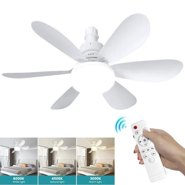 Ventilateur plafond avec télécommande et éclairage Connexion sans fil par douille E27 6 feuilles 3 couleurs Plafonnier 42cm 30W