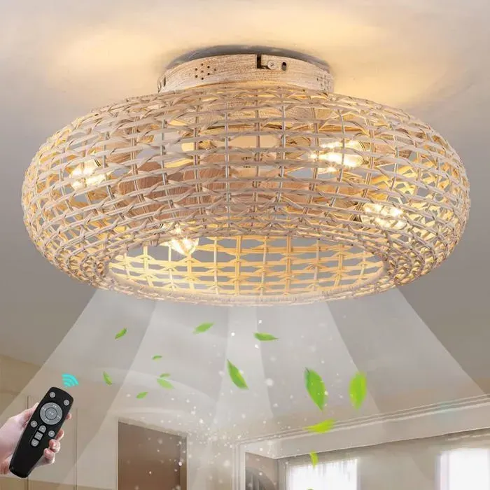 Ventilateur plafond bambou silencieux LED E27 6 vitesses minuterie télécommande rétro cage tissée chambre salle manger cuisine