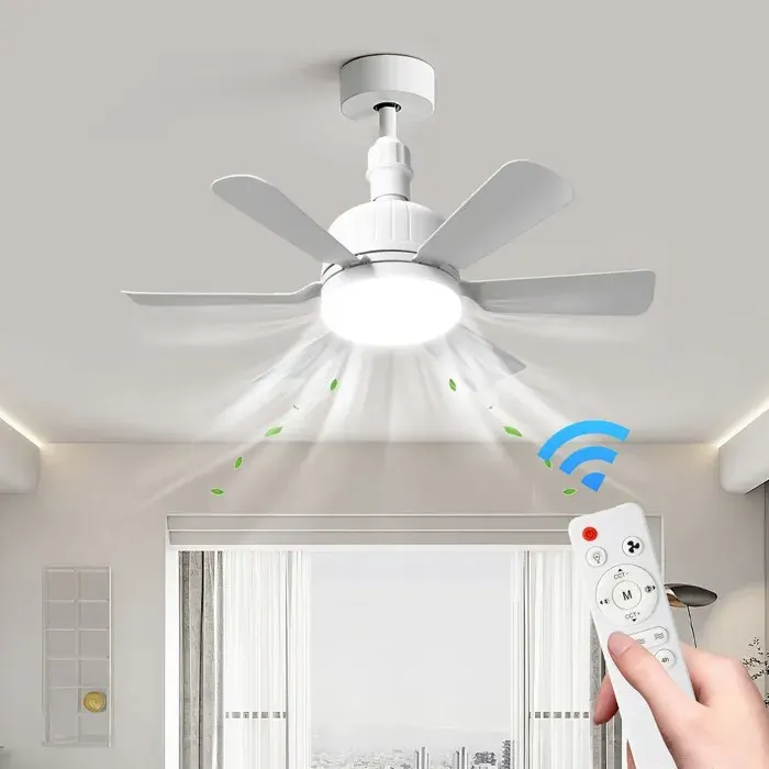 Ventilateur plafond blanc 6 pales 40W E27 – 3 vitesses éclairage 2400 lm télécommande moteur DC silencieux minuterie 2/4 h
