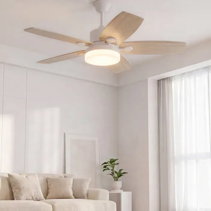 Ventilateur plafond bois 42 5 pales 6 vitesses télécommande minuterie 1/4/8h LED modulable réversible été/hiver