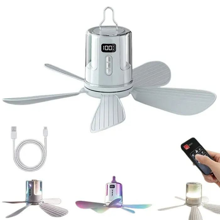 Ventilateur Plafond Camping LED avec Télécommande Rechargeable USB Minuterie - Lampe + Ventilateur