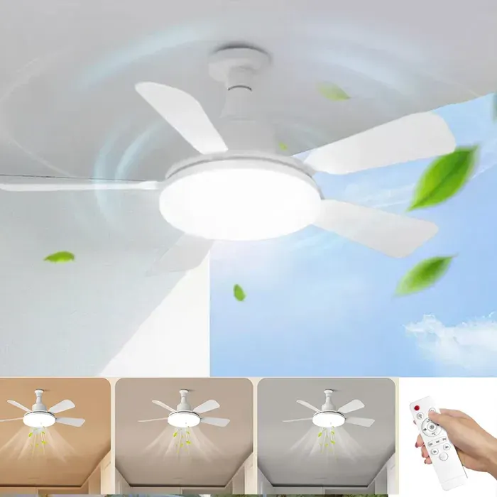 Ventilateur Plafond E27 avec Lampe LED 2 en 1 Télécommande Intensité Réglable 3 Vitesses Ø61cm pour Chambre Salon Cuisine，Blanc