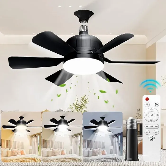 Ventilateur Plafond E27 avec Lampe LEDTélécommande 3 Vitesses Éclairage Réglable Ventilateur Douille pour Chambre Garage Cuisine