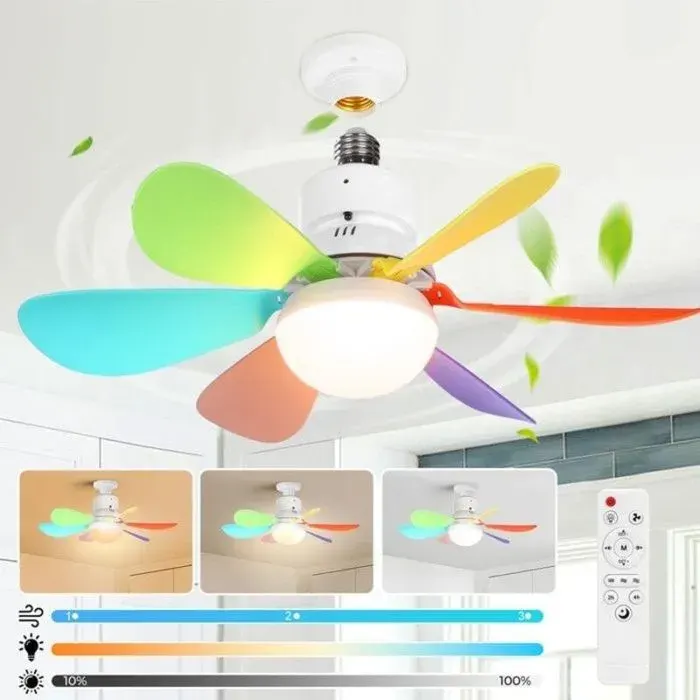 Ventilateur plafond E27 lumière - Moteur DC silencieux Télécommande dimmable - Chambre salon bureau - Multicolore 6 pales