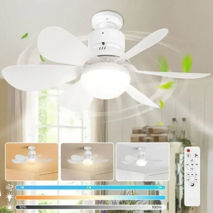 Ventilateur plafond E27 - Silencieux Dimmable - Intérieur - Blanc 6 pales