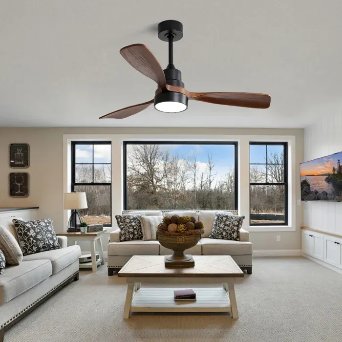 Ventilateur plafond en bois 122 cm avec 3 pales en bois massif télécommande et éclairage LED adapté au salon