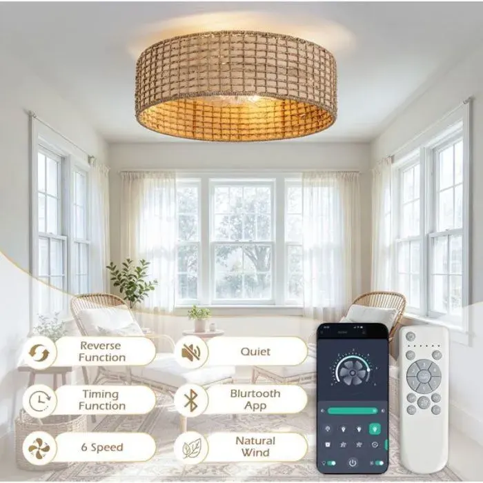 Ventilateur plafond en rotin tressé marron commande Bluetooth et télécommande 4 ampoules E26 6 vitesses