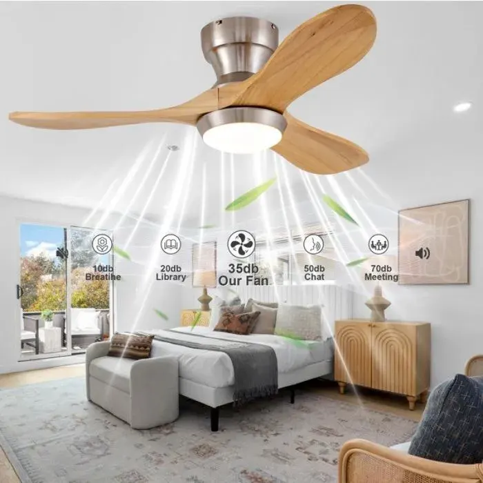 Ventilateur plafond encastrable avec éclairage 3 pales en bois télécommande 6 vitesses réversible 3CCT