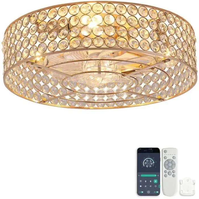 Ventilateur plafond encastrable doré avec cristaux Bluetooth et télécommande 6 vitesses réversible