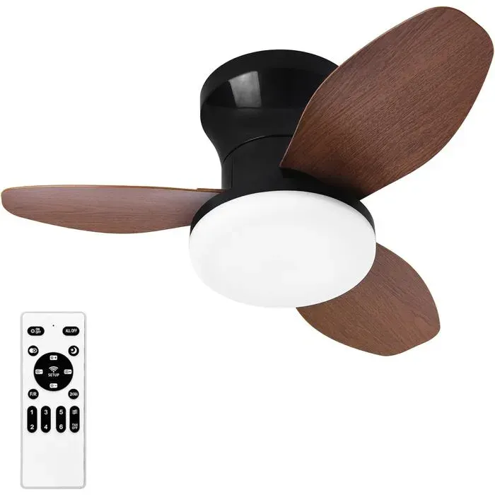 Ventilateur plafond encastré 25 po télécommande 3 pales 6 vitesses DEL réglable intensité et teinte grain de bois foncé