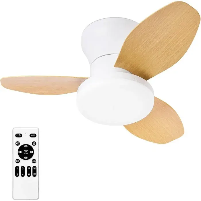 Ventilateur plafond encastré 25 po télécommande 3 pales 6 vitesses DEL réglable intensité et teinte grain de bois clair