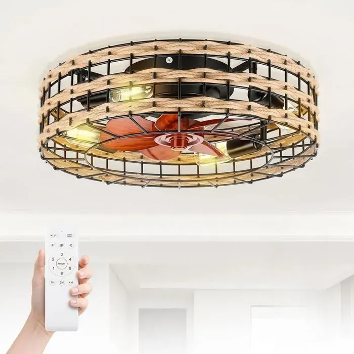 Ventilateur plafond encastré 50cm design rotin avec lampe moteur silencieux DC télécommande ampoule non incluseKakiAmpoules