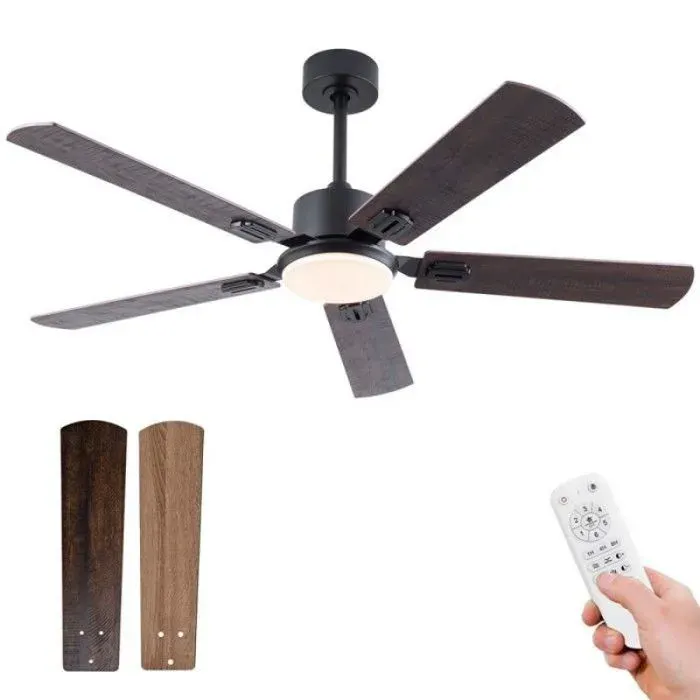 Ventilateur plafond grande taille 132cm noir noyer foncé lumière ajustable 3 températures moteur CC réglable 6 vitesses avec tél